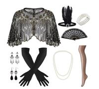 9 Piece 1920s Flapper Great Gatsby Accessories Set, 20s Accessories, Includes Hair Accessories, Headwear, Black Long Gloves, Fashionable Necklaces and Earrings as well as Fans