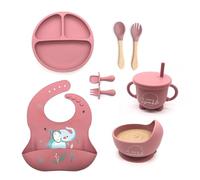 9-Piece Baby Weaning Set - BPA-Free Silicone Strong Suction Divided Plate, Bowl, Spoon, Fork, Bib w/Catcher-Microwave & Dishwasher Safe Baby Feeding Set-Baby Gifts - Pink