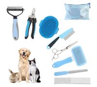 9-Piece Brush Set for Dogs and Cats - Self-Cleaning Brush, Dematting Comb, Claw Cutter with File, Flea Comb, Bath Glove - Professional Grooming Set for Short Hair and Long Hair (Blue)