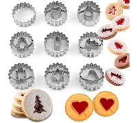 9 Piece Christmas Linzer Cookie Cutter, Mini Linzer Cookie Cutters, Stainless Steel Cookie Cutter Set Mini Fluted Round Biscuit Cutters for Party Baking DIY Fondant