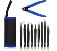 9-Piece ESD Tweezers Kit & 1pc Micro Wire Cutter, Precision Anti-Static Curved Point Tweezers Tool Set for Modelling,Electronics Repair,Crafting,Laboratory,Jewelry-Making