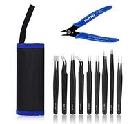 9-Piece ESD Tweezers Kit & 1pc Micro Wire Cutter, Precision Anti-Static Curved Point Tweezers Tool Set for Modelling,Electronics Repair,Crafting,Laboratory,Jewelry-Making