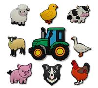 9-Piece Farmyard Animals Clog Charms Set - Green Tractor, Cow, Pig & Sheepdog Shoe Charms Pack - Novelty Farm Life Accessories for Kids and Toddler Clogs To Fit Crocs