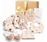 9-Piece Gift for Birth Girl Boy Bear Newborn Gift | Beige baby gift box with comforter blanket towel washcloth bib socks hat milestone cards and greeting card