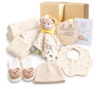 9-Piece Gift for Birth Girl Boy Dots Newborn Gift | Beige baby gift box with comforter blanket towel washcloth bib socks hat milestone cards and greeting card