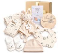 9-Piece Gift for Birth Girl Boy Rabbit Newborn Gift | Beige baby gift box with comforter blanket towel washcloth bib socks hat milestone cards and greeting card