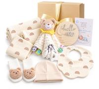 9-Piece Gift for Birth Girl Boy Rainbow Newborn Gift | Beige baby gift box with comforter blanket towel washcloth bib socks hat milestone cards and greeting card