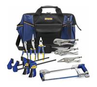 9-Piece Multi-Purpose Hand Tool Set with 19-Inch Wide-Mouth Storage Bag, Heavy Duty Plier and One-Handed Bar Clamp Professional Kit, Durable Hardware Utility Organizer Combo