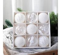 9 Piece Set of White Painted For Christmas Ornaments 8cm Diameter with Hanging Loops for Tree, Wreath, and Festive Holiday Decoration