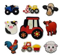 9-Piece Tractor & Farm Machinery Clog Charms Set - Red Tractor, Digger, Bull & Cow Shoe Charms Pack - Novelty Farm Vehicle Accessories for Kids Clogs To Fit Crocs