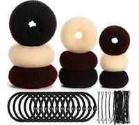 9 Pieces Donut Hair Bun Maker Shaper Foam Sponge Doughnut Bun Ring Style Set with 12 Pieces Hair Elastic Bands Ties and 32 Pieces Hair Bobby Pins for Women Girls Kids (Black, Brown and Beige)