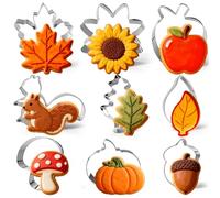 9 Pieces Fall Cookie Cutters Set, Stainless Steel Autumn-Themed Biscuit Mold Includes Mushroom Maple Leaf Oak Leaf Acorn Squirrel Apple Pumpkin Sunflower Baking Decorations