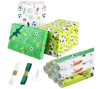 9 Pieces Football Wrapping Paper, Boys Birthday Wrapping Paper with 2 Rolls of Ribbon, 70x50 cm Birthday Wrapping Paper for Boys, Soccer Gift Wrap Paper for Boys Party, Birthday Presents