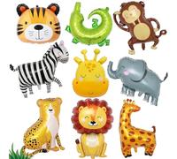 9 Pieces Jungle Safari Balloons, Foil Balloon Animals, Jungle Animal Balloons, 3D Giant Lion, Leopard, Giraffe, Zebra, Elephant, Monkey, Tiger Foil Balloon, for Boys Girls Birthday Decoration