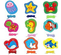9 Pieces Kids Lacing Cards, Double Sided Sewing Cards in 9 Marine Animal Cards with 9 Colorful Laces, Imagination Development Lacing Toys Games for Children Educational and Learning Activity