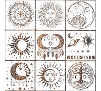 9 Pieces Large Mandala Sun and Moon Stencil Butterfly Flower Tree Paint Stencils for Crafts Reusable Templates Star Stencils for Painting Wood Wall Furniture Home Decor (Sun Moon)