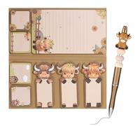 9 Pieces Lovely Highland Cow Sticky Notes,with 1 Pieces Beadable Pens,for Birthday Gift School Office Party Favors (Highland Cow Sticky Notes+White Bead Cow Pen)