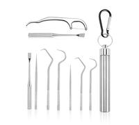 9 Pieces of Metal Toothpicks, 1 Piece of Carabiner, Stainless Steel Toothpick Set, Convenient Toothpicks, Reusable, Tooth Cleaning Tool