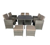 9 Pieces Rattan Cube Garden Dining Table Set With Cushions, Square Glass Top Table, Padded Armchair, Stools
