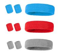 9 Pieces Sports Headband and Wristbands Set,Sweatbands For Women 80s Headband, Wristbands Wrist Sweat Bands Men for Running Exercise Gym Sports Tennis Basketball (Blue red grey)