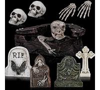 9 Pieces Tombstones Halloween Fish Tank Decor Scary Miniature Halloween Decorations Mini Tombstones Fish Tank Skull Resin Hand Bone Coffin Figurine for Aquarium Reptile Cave Decor Village Collections