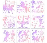 9 Pieces Unicorn Stencils Painting Templates Craft for Arts Card Making Journal Scrapbooking DIY Furniture Wall Floor Painting on Wood Fabric (8 x 8 Inches)