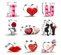 9 Pieces Valentine's Day Cookie Cutters Set, Stainless Steel Romantic Cookies Cutter Includes Arrowed Heart, Couple, Heart, I Love You, Lips, Twin Hearts, and Rose Baking Mold Decorations