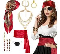 9 Pieces Women's Pirate Costume, Pirate Accessories, Pirate Costume, Headbands, Masks, Waist Chains, Necklaces, etc. Pirates are suitable for Halloween Role Playing and Carnival