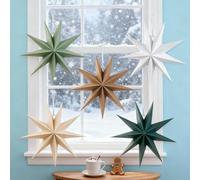 9-Pointed 12 Inch Paper Star Lanterns Christmas Decorations 5PCS, Kizozo Hanging Paper Stars Christmas Decorations for Indoor Outdoor Windows, Xmas Tree Ornaments in Sage Green, White & Khaki