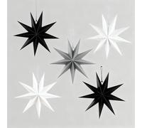 9-Pointed 12 Inch Paper Star Lanterns Christmas Decorations 5PCS, Kizozo Hanging Paper Stars Christmas Ornaments for Indoor/Outdoor Windows, Christmas Tree Ornaments in Black, White & Grey