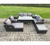 Fimous 9 Seater Garden Rattan Furniture Dining Table Sofa Set Indoor Outdoor with 2 Reclining Chairs Side Tables 2 Big Footstool