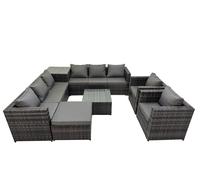 9 Seater Garden Rattan Furniture Set & 2 Chiar Side Table Big Stool Fimous Dark Grey One Size