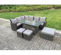 9 Seater High Back Rattan Gas Fire Pit Corner Sofa Set Garden Furniture Heater Dining Table Set Left Hand Fimous Dark Grey One Size