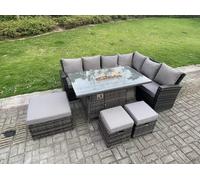 Fimous 9 Seater?Outdoor High Back Rattan Gas Fire Pit Corner Sofa Set Garden Furniture Heater Dining Table Set Footstools Dark Grey Mixed Right Hand
