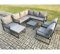 Fimous 9 Seater Outdoor Aluminium Garden Furniture Set Corner Lounge Sofa Set with Square Coffee Table Chair Big Footstool Dark Grey