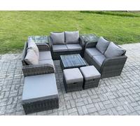 Fimous 9 Seater Outdoor Garden Furniture Sets Wicker Rattan Furniture Sofa Sets with Square Coffee Table Love seat Sofa 3 Footstools 2 Side Tables