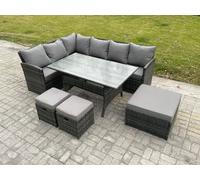 Fimous 9 Seater Outdoor Rattan Garden Furniture Set with Rectangular Dining Table 3 Footstools Patio Wicker Corner Sofa Set Dark Grey Mixed
