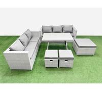 Fimous Rattan Garden Furniture Dining Set 9-seater Patio Rectangular Table 3 Seater Sofa Set with 3 Stools Light Grey