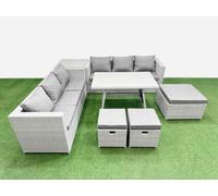 Fimous Rattan Garden Furniture Dining Set 9-seater Patio Rectangular Table 3 Seater Sofa Set with Side Table 3 Stools Light Grey