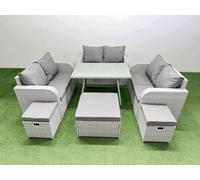 Fimous Rattan Garden Furniture Dining Set 9-seater Patio Rectangular Table Love Sofa Set with 3 Stools