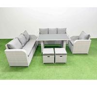 Fimous Rattan Garden Furniture Dining Set 9-seater Patio Rectangular Table Sofa Set with 2 Small Stools Light Grey