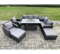 Fimous Rattan Outdoor Garden Furniture Set with Gas Fire Pit Table, 2 Sofas, 2 Chairs, 1 Side Table, 2 Footstools - 9 Seater - Dark Grey