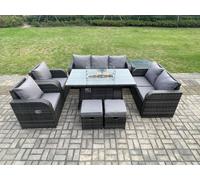 9 Seater PE Wicker Outdoor Rattan Garden Furniture Set Propane Gas Fire Pit Table and Sofa Chair set with Side Table 2 Footstools Fimous Dark Grey One Size