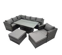 9-seater Rattan Garden Furniture Dining Set with 2 Big Stool Fimous Dark Grey One Size