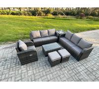 9 Seater Rattan Outdoor Garden Furniture Sofa Set Patio Table & Chairs Set with 3 Seater Sofa Reclining Chair 3 Seater Sofa Side Table Fimous Dark Grey One Size