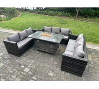 Fimous 9 Seater?U Shape Outdoor Lounge Rattan Sofa Set Garden Furniture Gas Firepit Set Dining Table Dark Grey Mixed