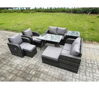9 Seater Wicker PE Rattan Garden Dining Set Outdoor Furniture Sofa with Dining Table Side Table 3 Footstools Dark Grey Mixed Fimous Dark Grey One Size