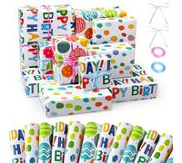 9 Sheets Birthday Wrapping Paper, Rainbow Wrapping Paper with 2 Rolls Ribbons, Children Gift Wrap Set for Kids Party