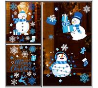 9 Sheets Christmas Window Clings, Blue Snowman Snowflake Window Clings Cute Holiday Winter Window Sticker Decals for Glass Xmas Home Kitchen Living Room Decorations