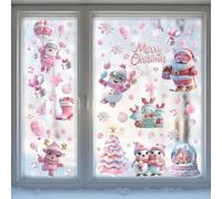 9 Sheets Christmas Window Stickers, Reusable 3D Christmas Window Clings, Double-Side Xmas Window Stickers Elk Snow Tree Merry Christmas Cling Stickers for Christmas Window Decoration (Pink)